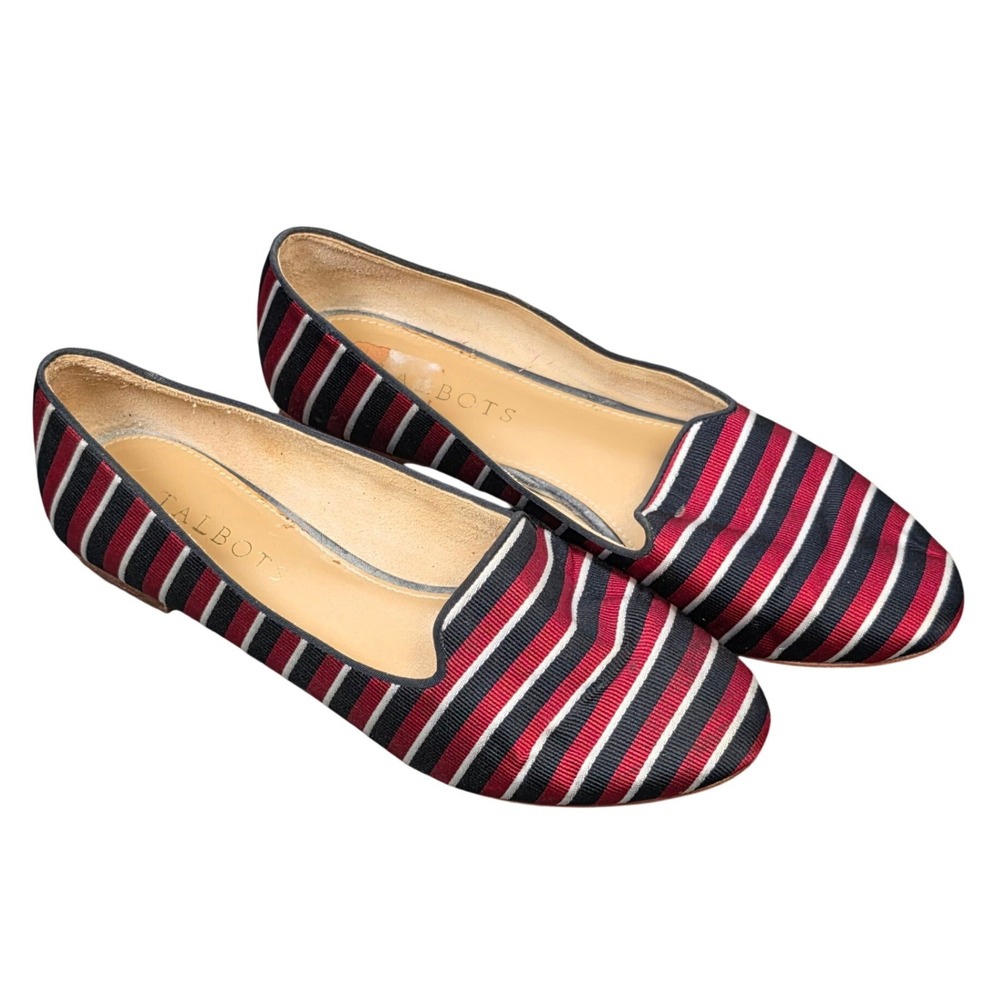 Talbots Smoking Slippers Women's 6M Red Navy Blue Striped Grosgrain Leather Sole